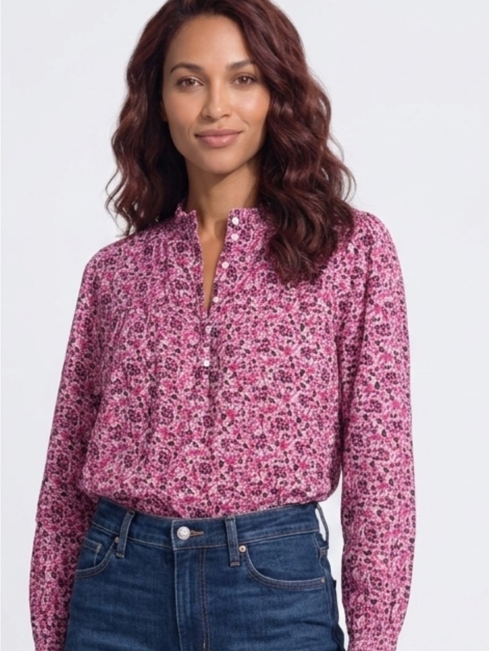 LOFT Pink Floral Ruffle-Neck Button Down Blouse